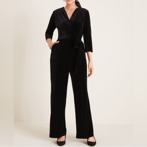 NWT Chico's Travelers Velvet V-Neck Belted Wide Leg Jumpsuit Size 2 - Picture 1 of 11